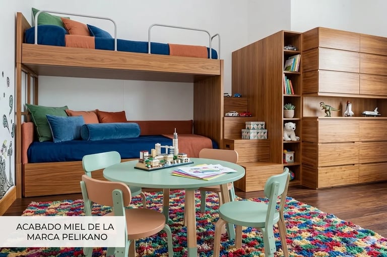 Modern childs bedroom with wooden bunk bed, blue and orange bedding, mint green play table with chairs, wooden storage shelves, and colorful patterned rug