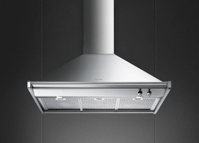 Modern stainless steel range hood with dome-shaped top