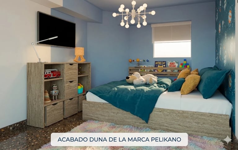 Modern bedroom with blue walls, wooden bed with teal bedding, wall-mounted TV, wooden storage unit, and white chandelier