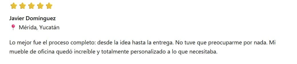 Five-star review from Javier Dominguez in Merida, Yucatan praising office furniture delivery and personalization