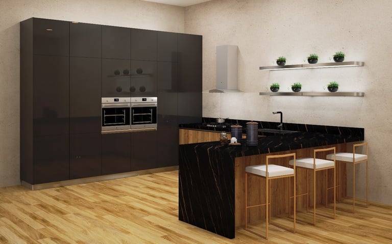 Modern kitchen render with dark cabinetry, black marble island with wooden bar stools, floating shelves with plants, and stainless steel appliances