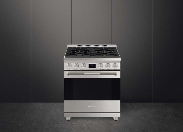 Stainless steel dual-fuel range against dark paneled wall