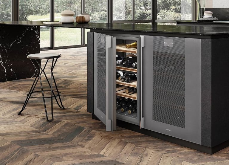 Modern kitchen island with built-in wine cooler