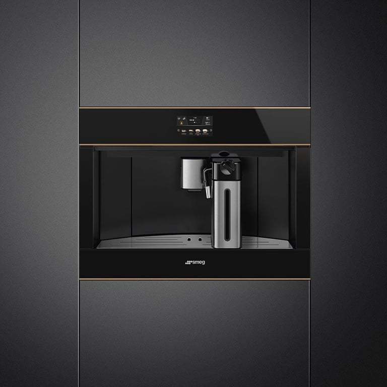 Built-in black espresso machine with stainless steel pitcher
