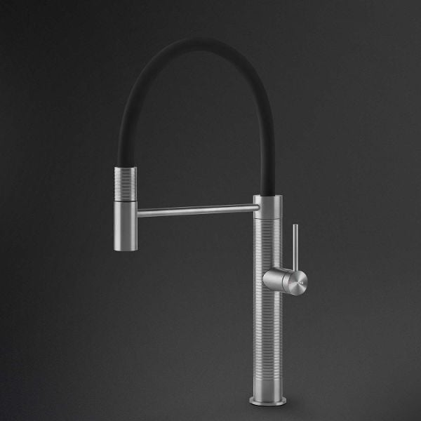 Modern chrome kitchen faucet with high arc spout