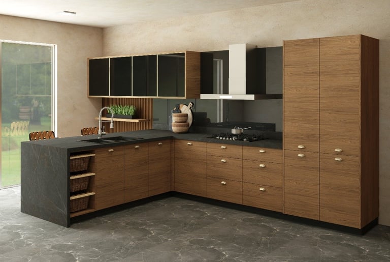 Modern L-shaped kitchen with wooden cabinets, black countertops, and stainless steel appliances in a contemporary home interior