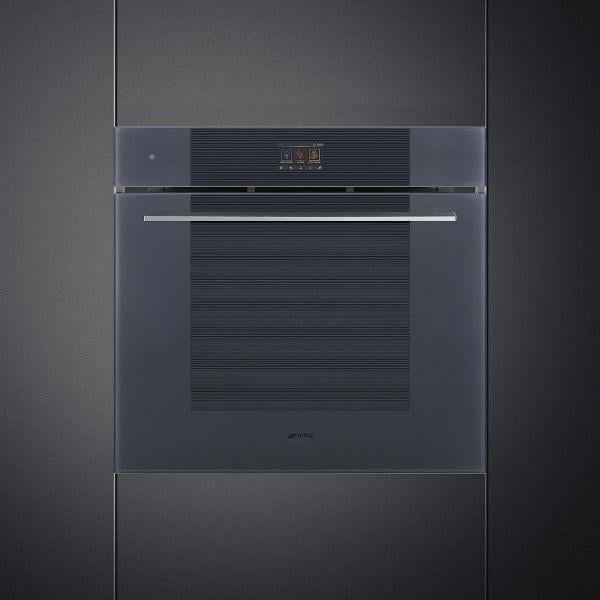 Modern stainless steel built-in oven with dark glass door