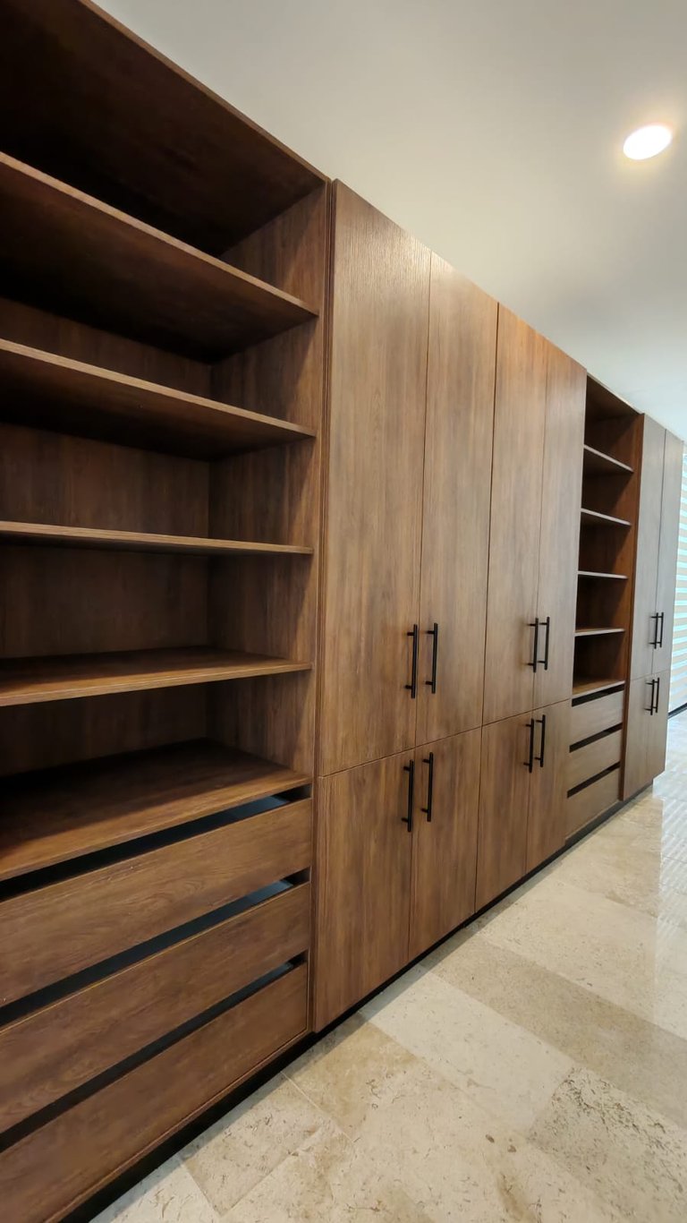 Modern wood storage cabinetry with shelving units and drawers in a contemporary interior space