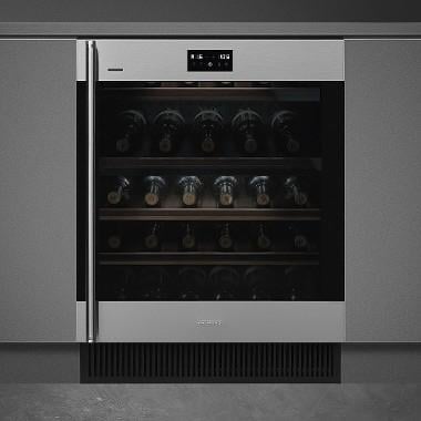Built-in wine cooler with stainless steel frame and glass door