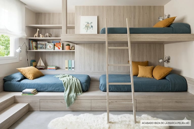 Modern childrens bedroom with two built-in bunk beds with blue mattresses, wooden shelving, ladder, and yellow accent pillows