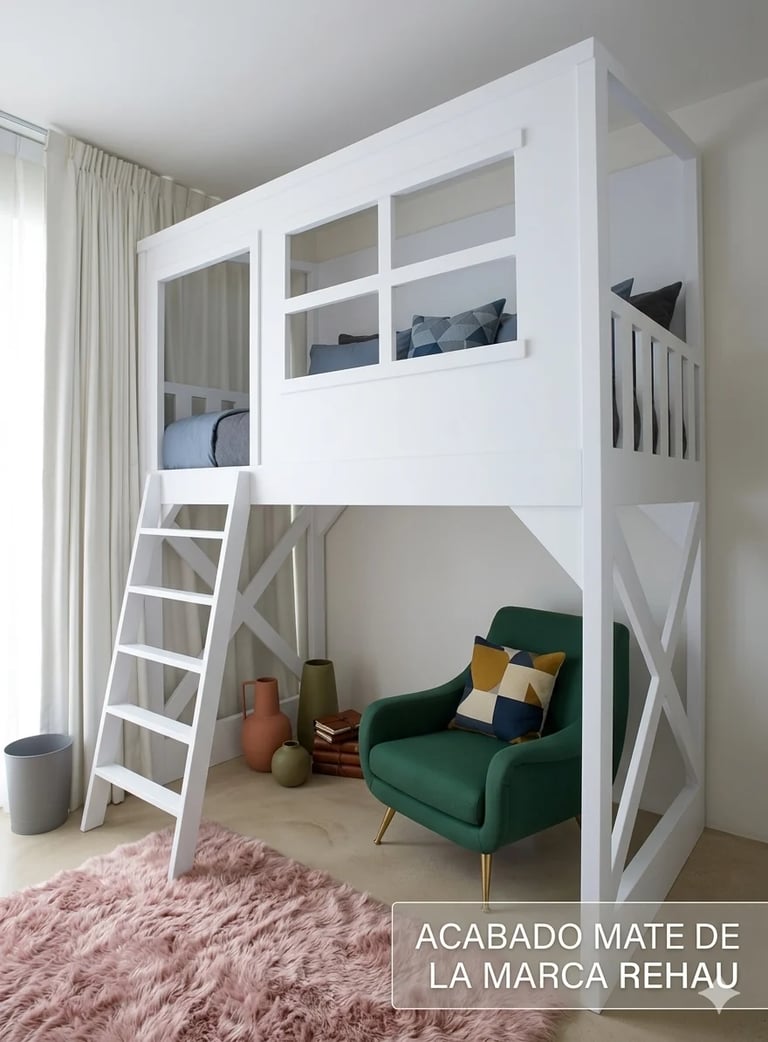White loft bed with windows and ladder, green armchair underneath, beige rug, and cream curtains in modern bedroom