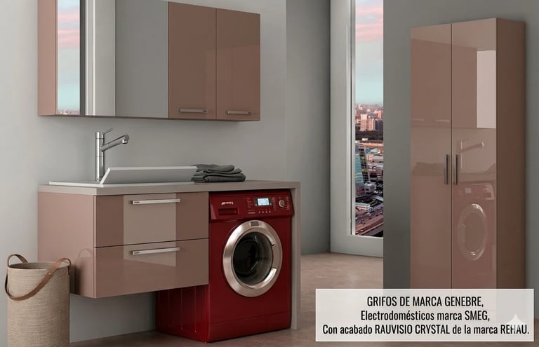 Modern bathroom with integrated red washing machine, beige sink vanity, wall-mounted mirror cabinet, and tall storage unit with city view