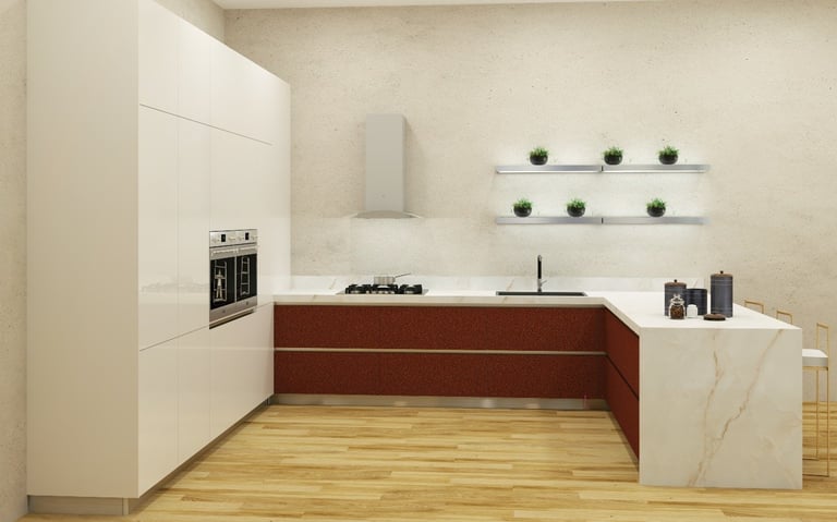Modern kitchen design with white cabinets, dark wood lower units, gas cooktop, marble countertops, and potted plants on floating shelves