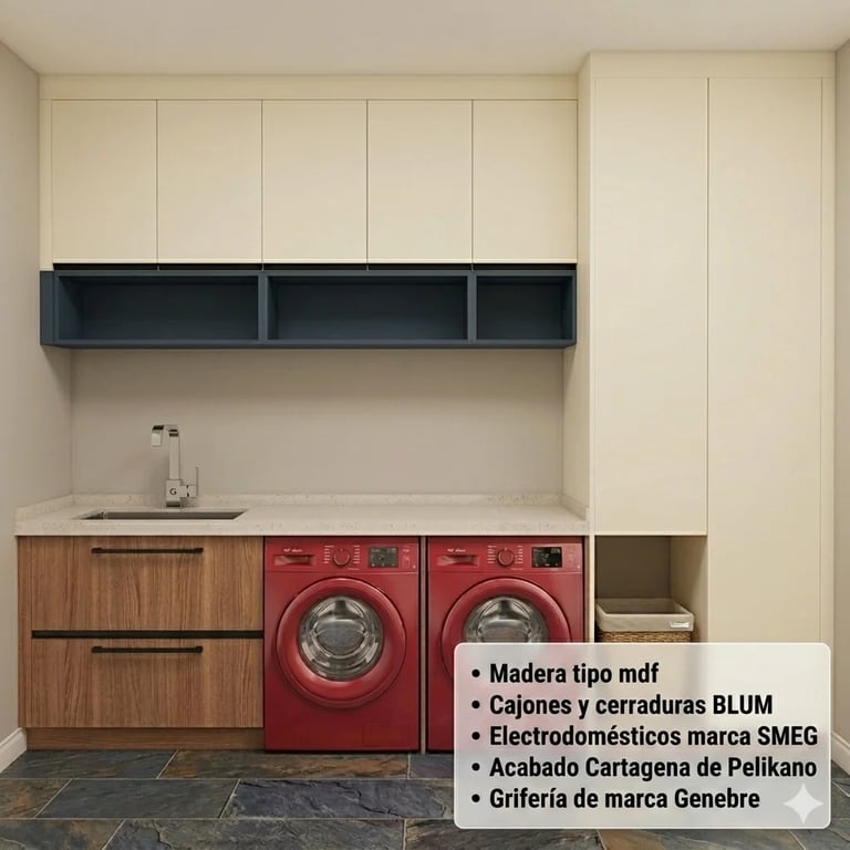 Modern laundry room with red washing machines, cream and wood cabinetry, dark shelf, and material specification label
