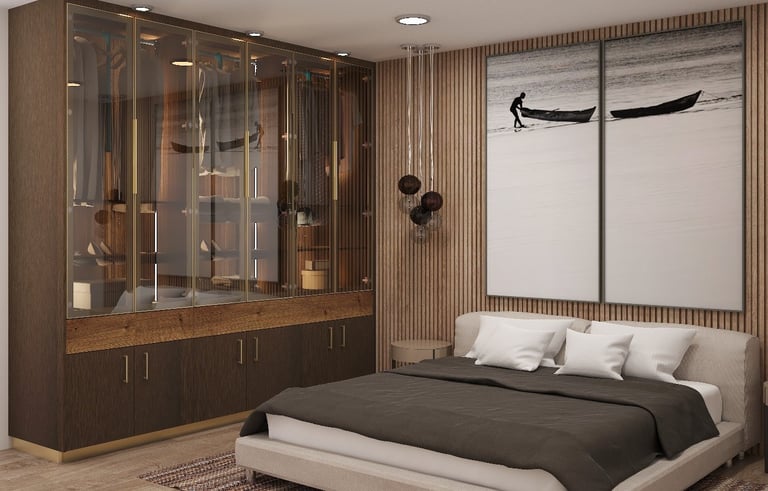 Modern bedroom with dark wood cabinetry, platform bed with white headboard, and black sailboat artwork on accent wall