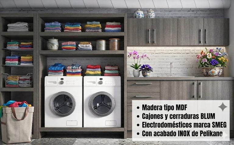 Modern laundry room with gray MDF cabinetry, two front-load washers, storage shelves with folded linens, potted flowers, and text describing features in Spanish