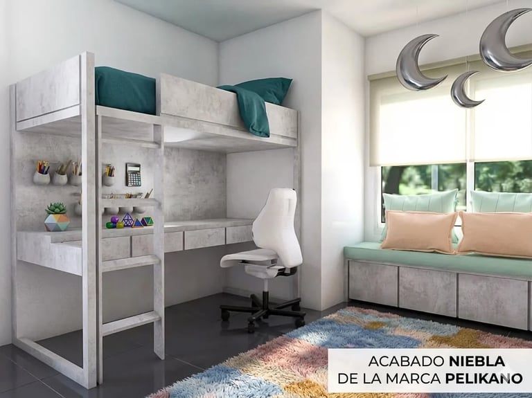 Modern loft bedroom with built-in desk under elevated bed, featuring white desk chair and window seat with decorative moon mirrors