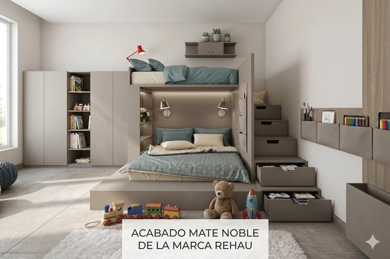 Modern childrens bedroom with built-in loft bed, storage shelves, and desk in neutral tones with wooden accents