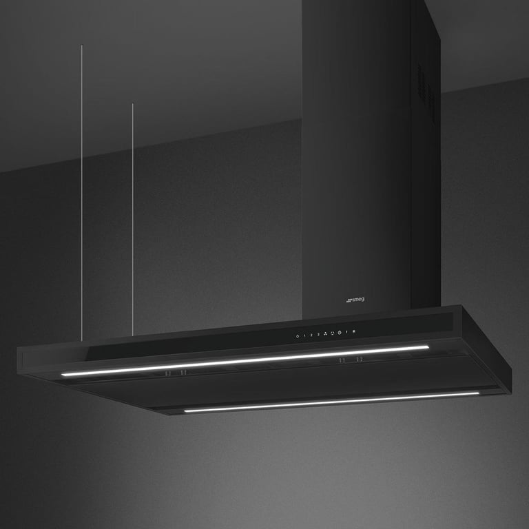 Black island range hood with LED lighting