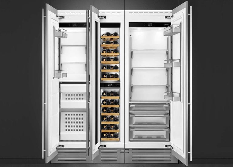 Three-section built-in refrigerator with wine cooler