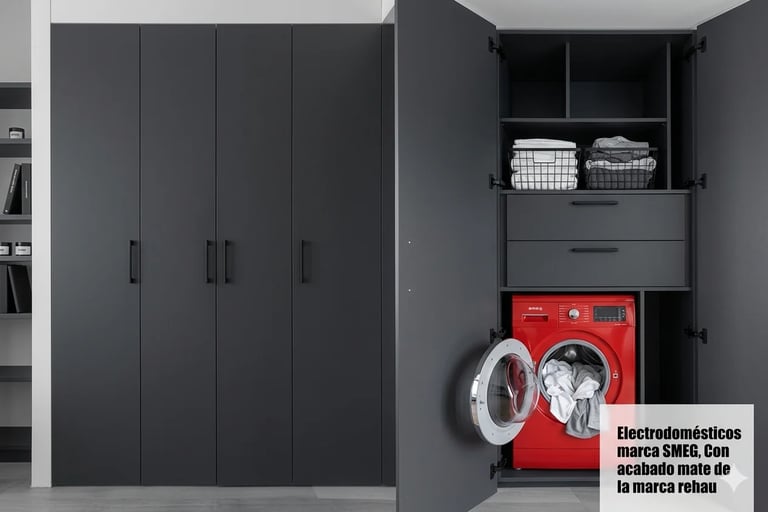 Modern laundry room with dark gray cabinetry, a red front-load washing machine, storage compartments, and white shelving in the background