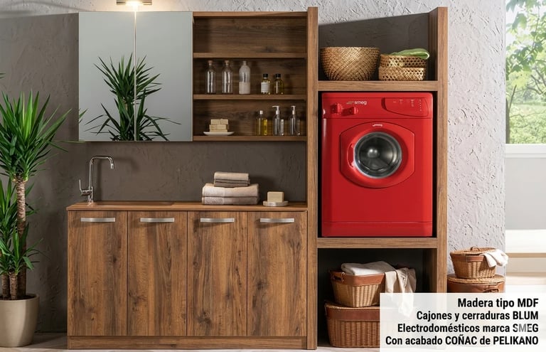 Modern kitchen design with wooden cabinets, brown shelving unit, red washing machine, potted plants, and white brick wall