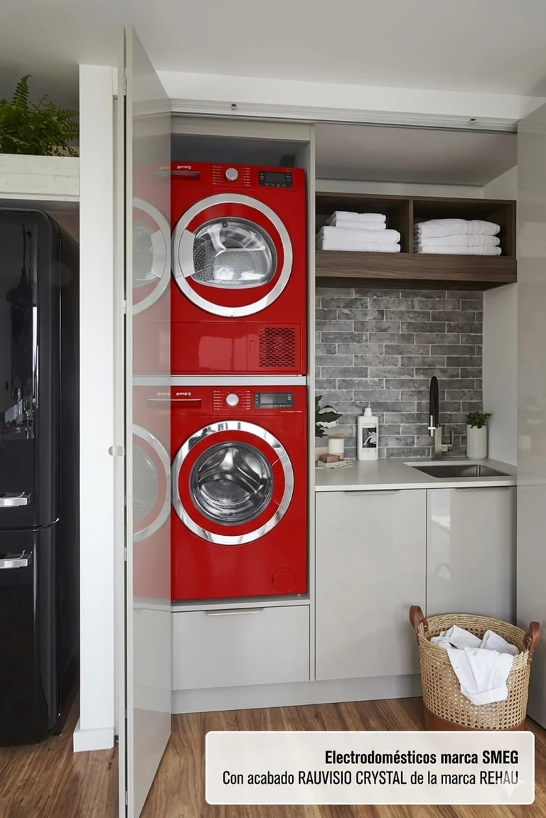 Modern laundry room with stacked red washing machines in built-in cabinetry, white towels, gray brick backsplash, and wooden floor