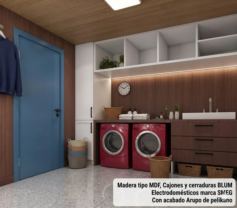 Modern laundry room with red front-load washing machines, white cabinetry, brown wood accents, and blue door