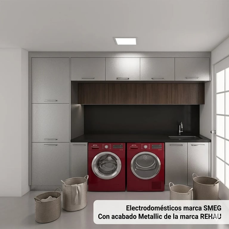 Modern laundry room with red SMEG washer and dryer, stainless steel countertops, and metallic cabinets with laundry baskets